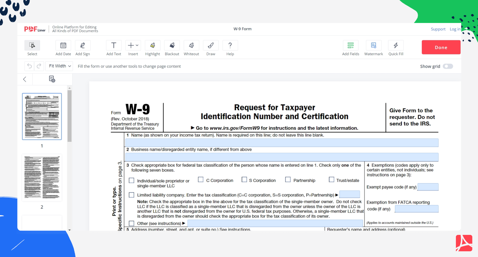 Form W-9 in PDFLiner editor