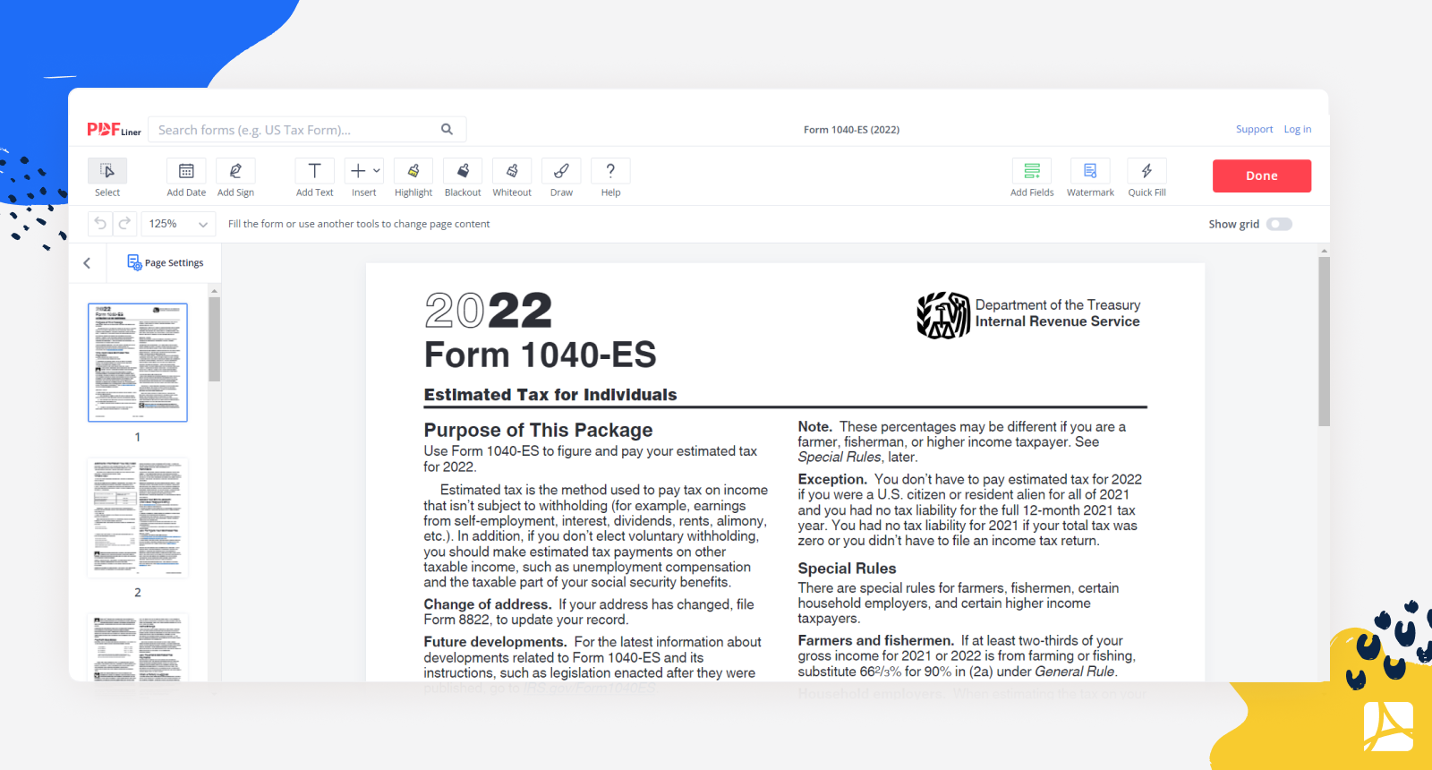 Form 1040-ES on PDFLiner