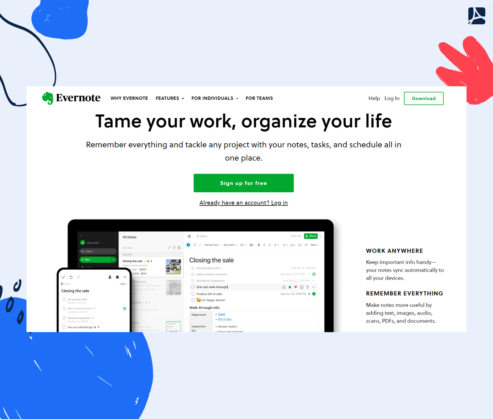 Main page of Evernote 