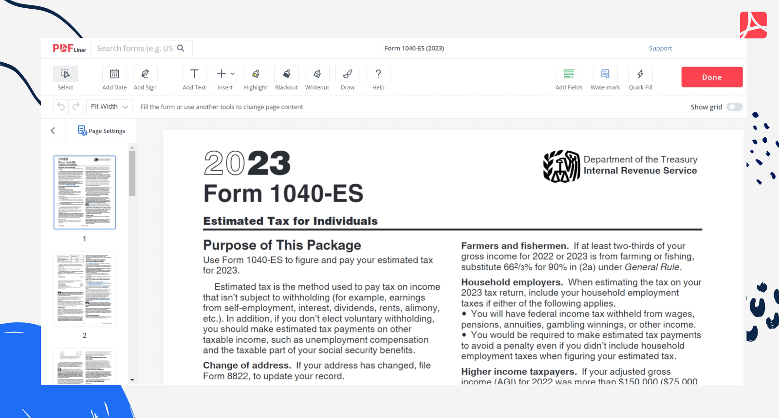 Fillable Form 1040-ES screenshot