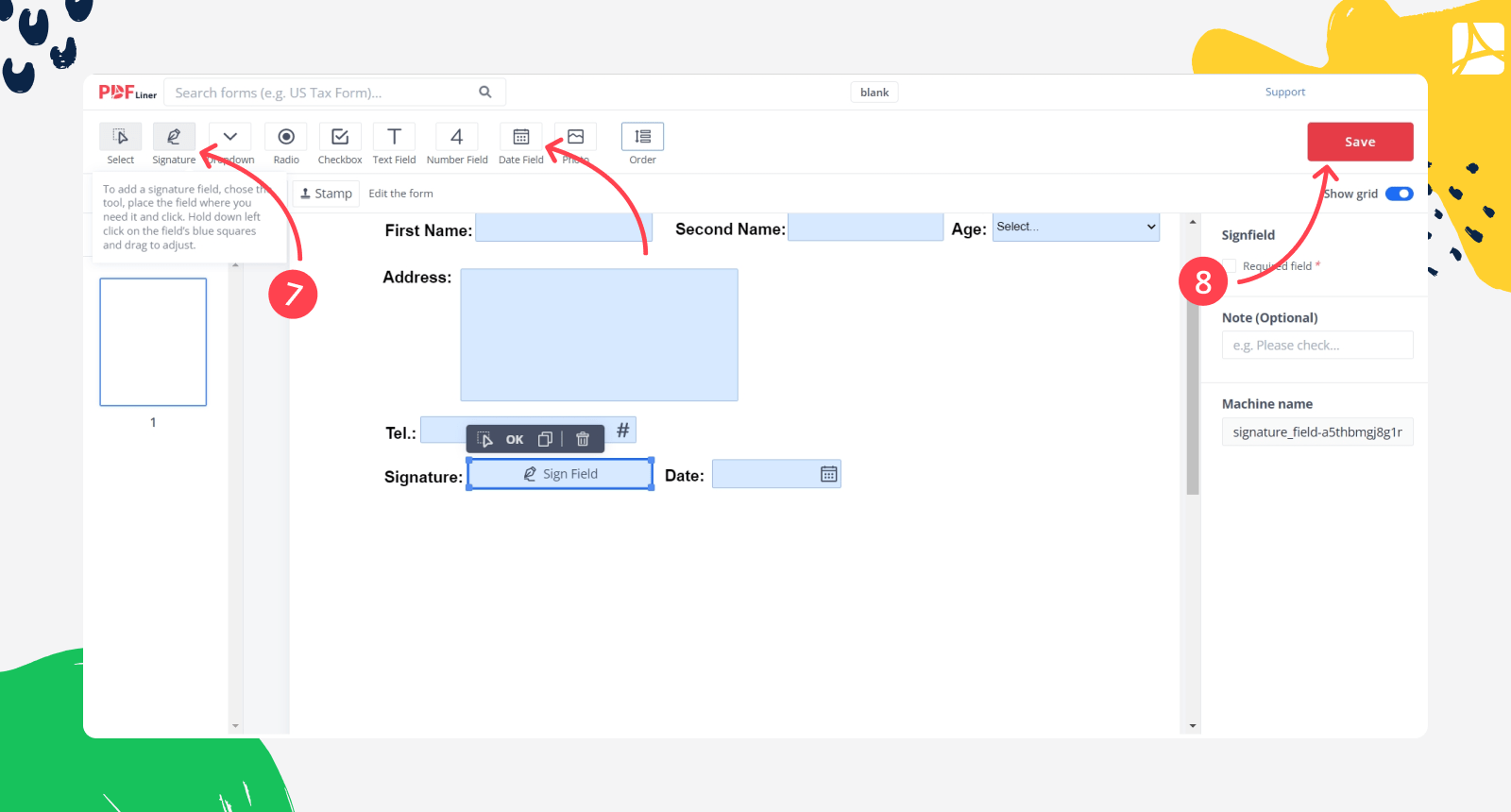 Creating fillable form steps 7 and and 8 screenshot