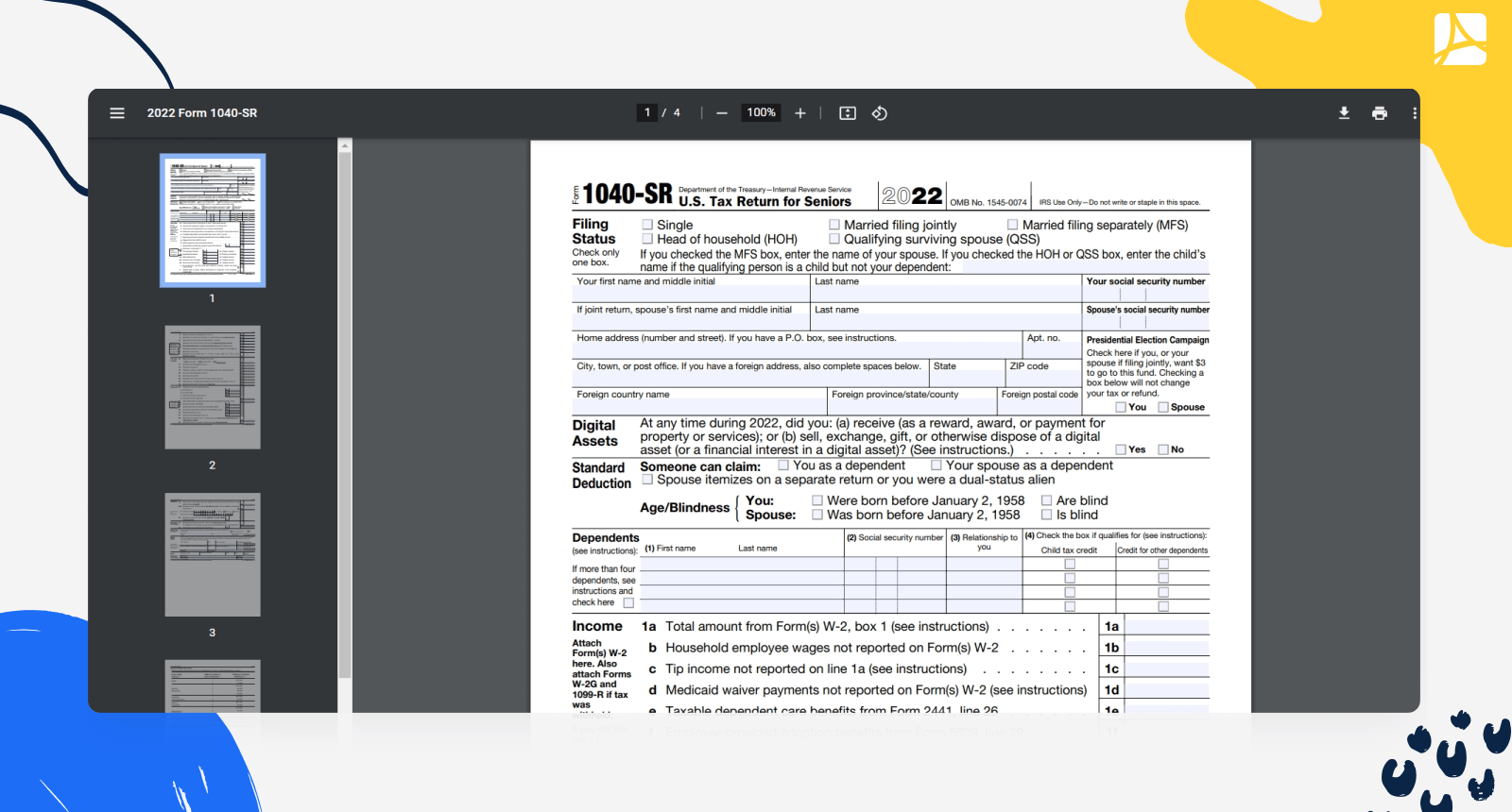1040-SR Form on the IRS website screeshot