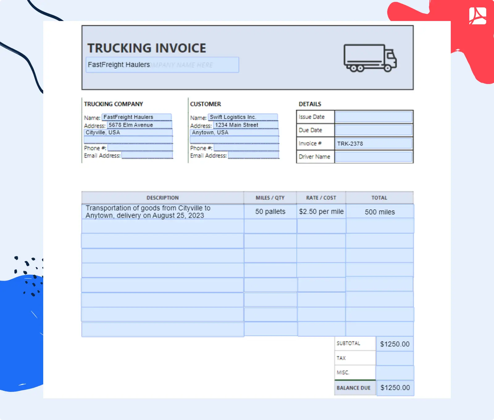 Regular trucking invoice