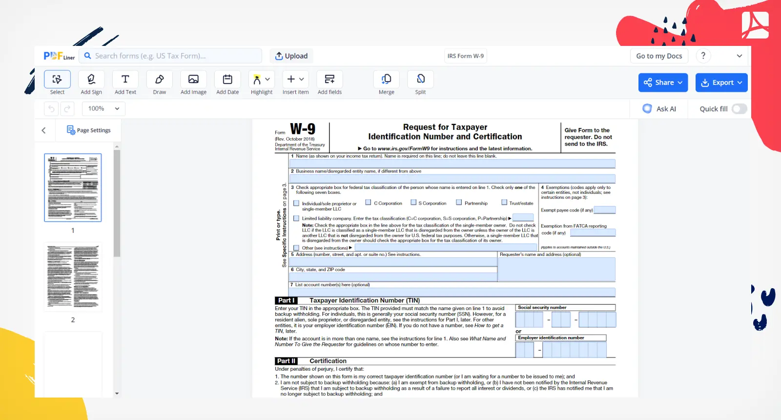 IRS W-9 Form on PDFliner