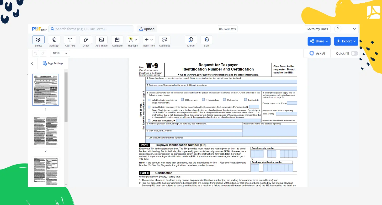 IRS Form W-9 on PDFliner
