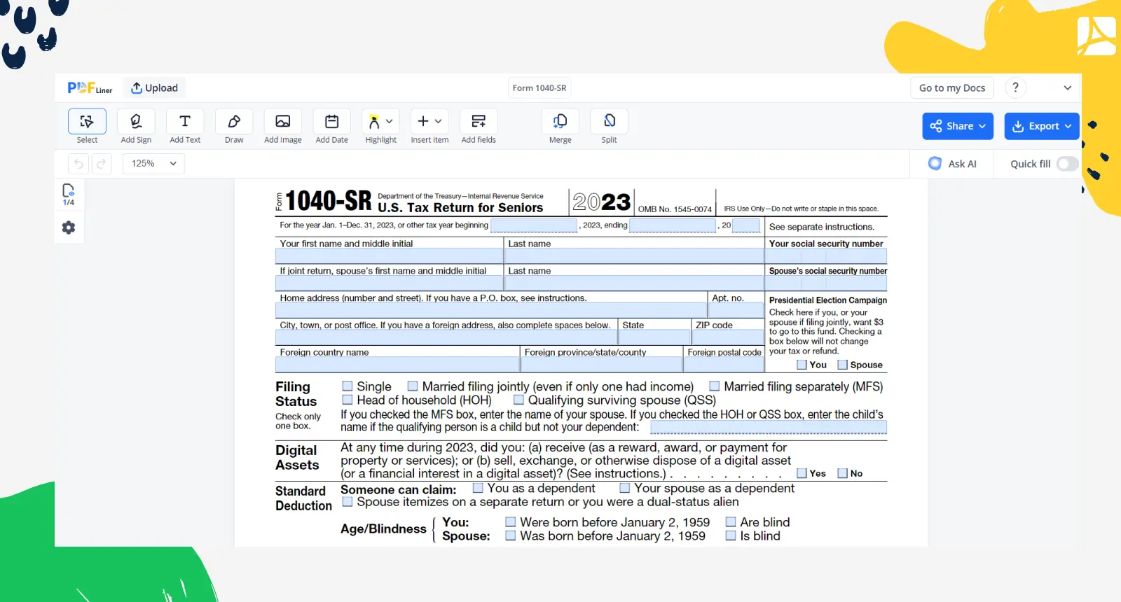 Form 1040-SR in PDFLiner screenshot