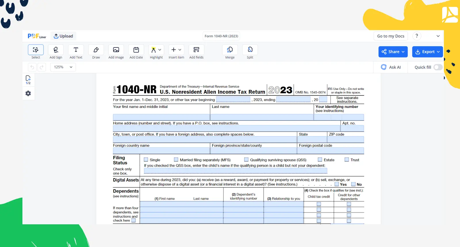 Form 1040-NR in PDFLiner screenshot
