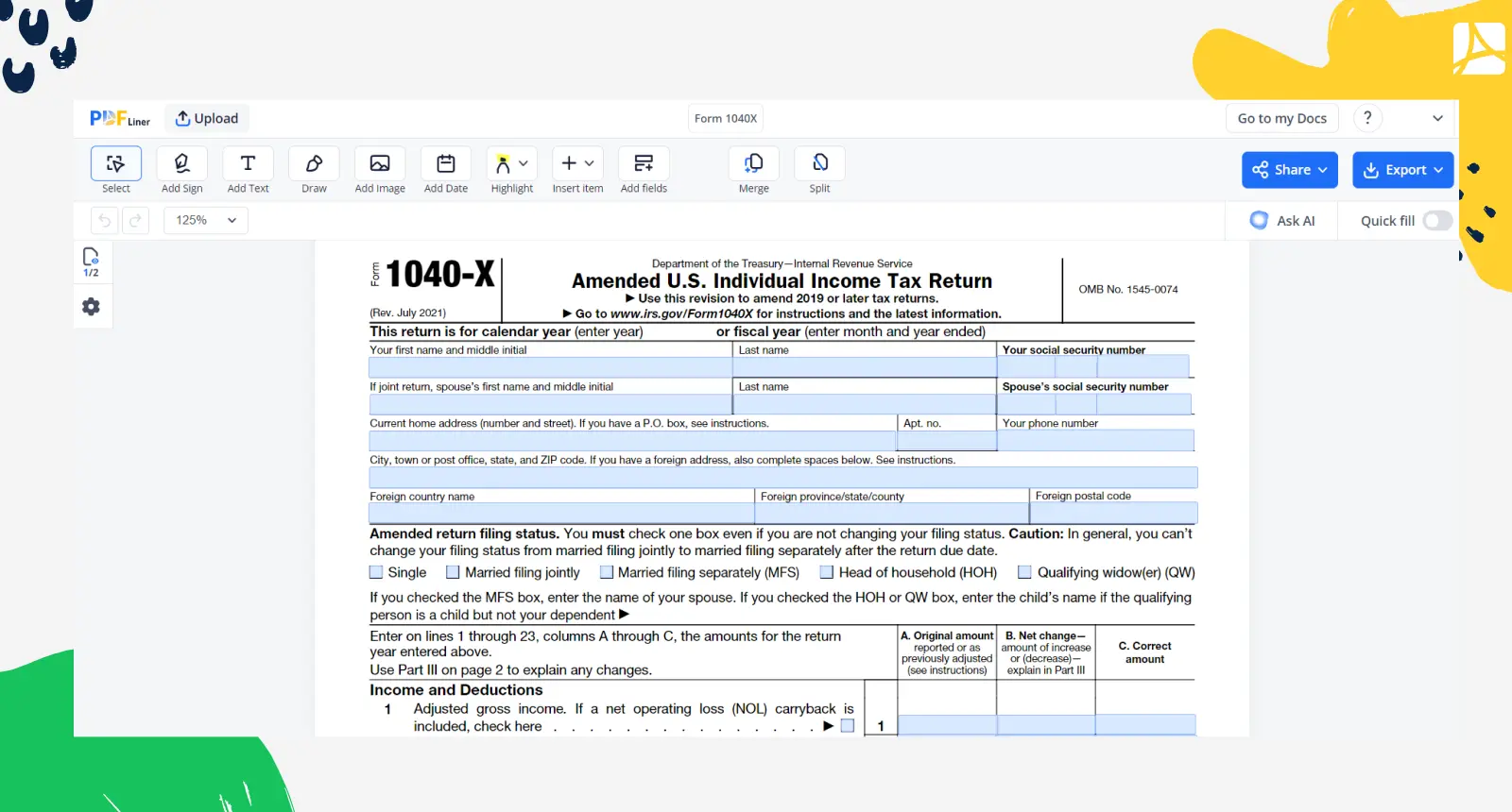 Form 1040-X in PDFLiner screenshot