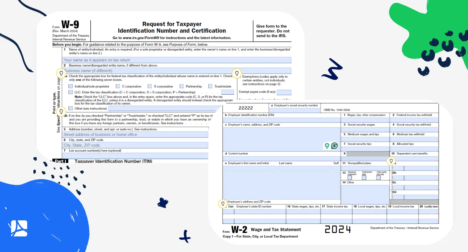 Screenshots of form W-9 and form W-2 on one picture