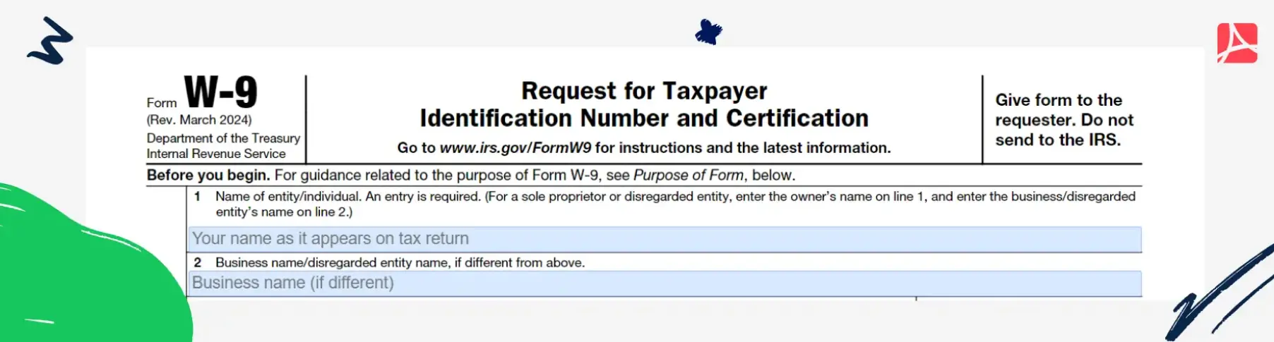 Filling out W-9 Form Step 1 screenshot