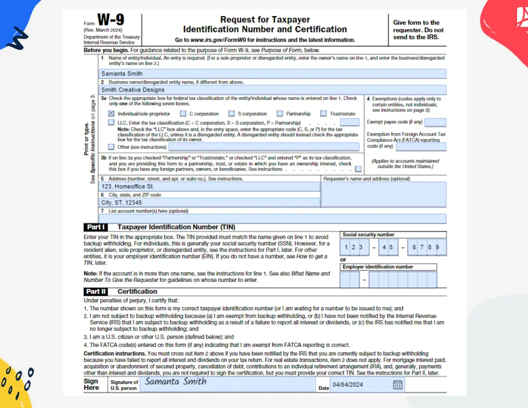 W-9 Form example for freelancer