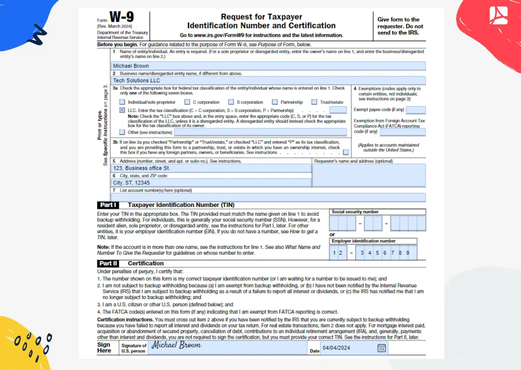 W-9 Form example for contractor