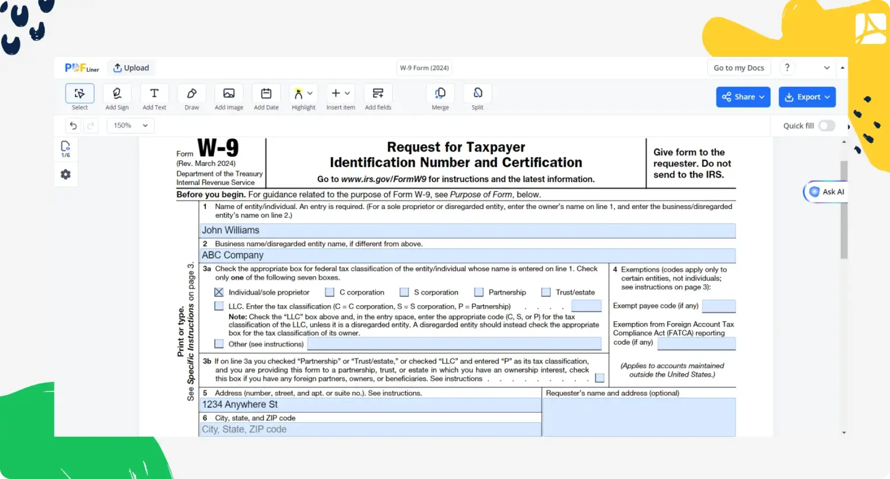 Fillable W-9 example for individual