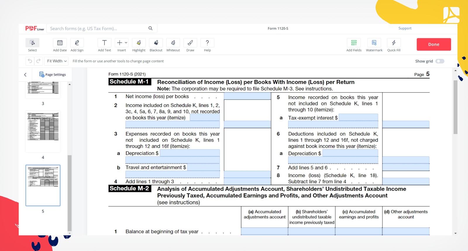 Form 1120-S fifth page in PDFLiner editor