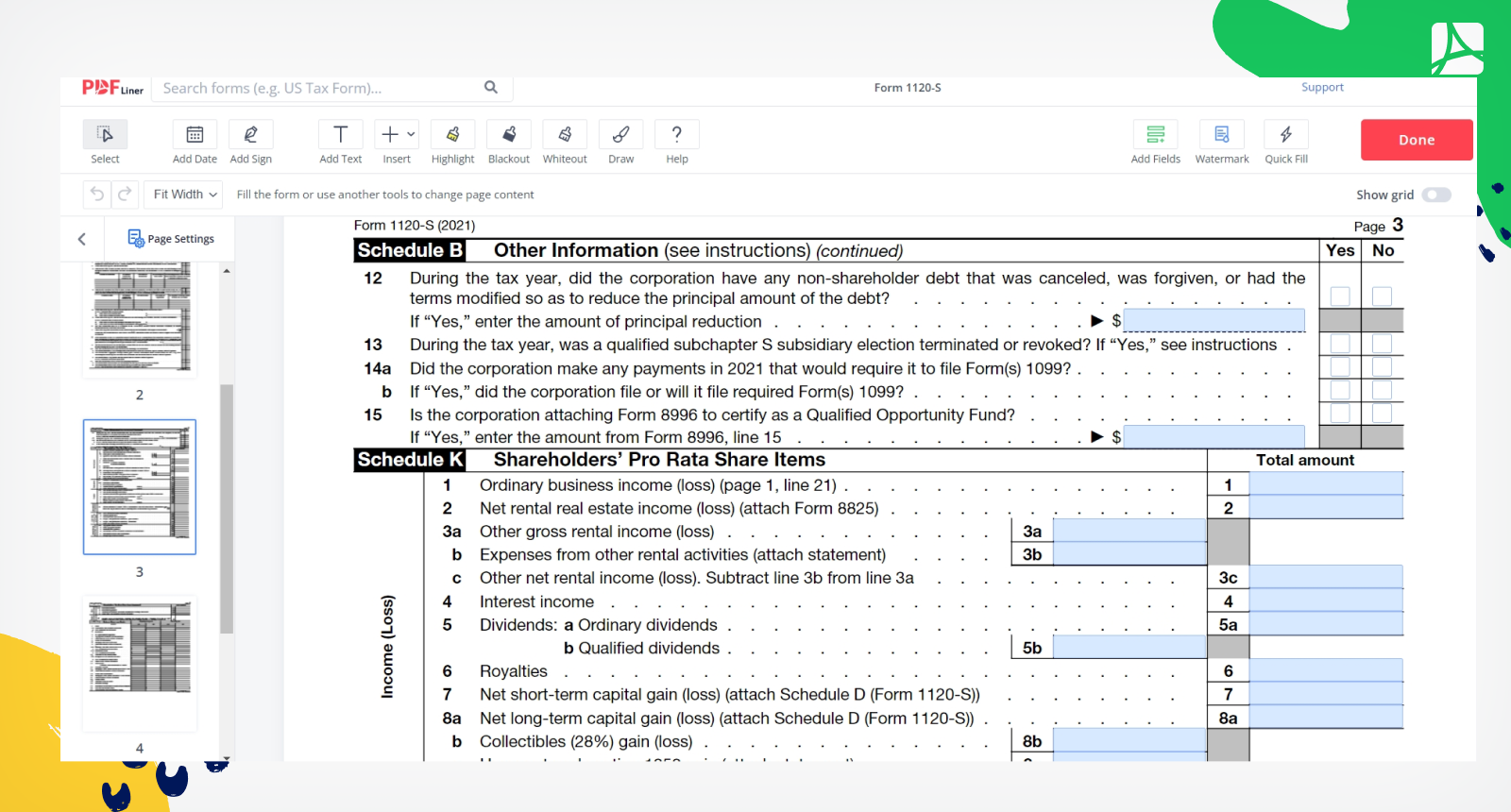 form 1120-S third page in PDFLiner editor