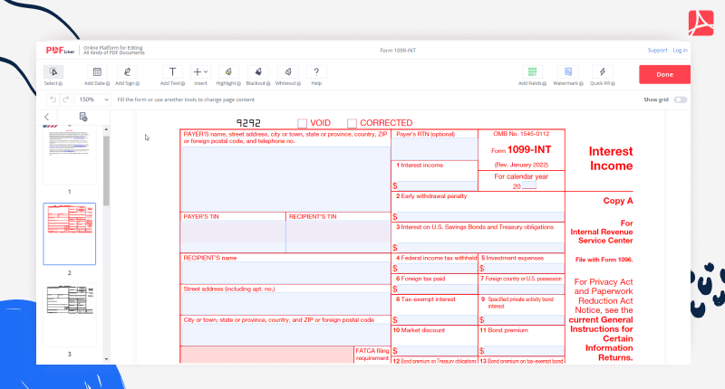 a 1099-INT Form on PDFLiner