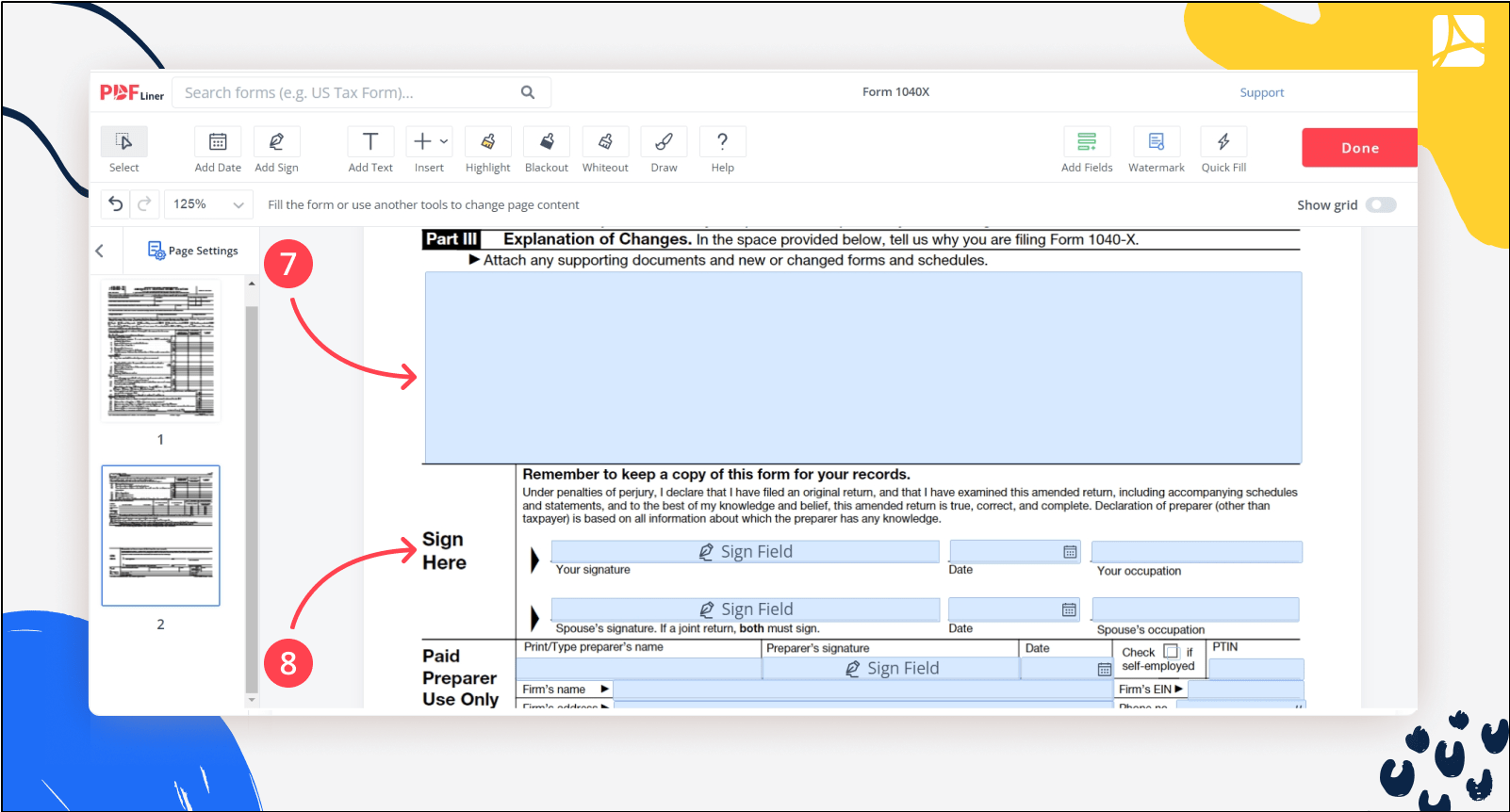 Form 1040-X steps 7 and 8 screenshot