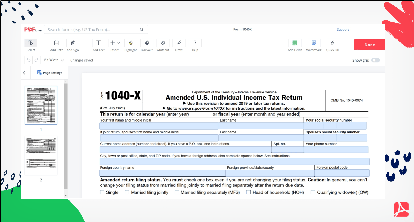 Form 1040-X in PDFLiner screenshot