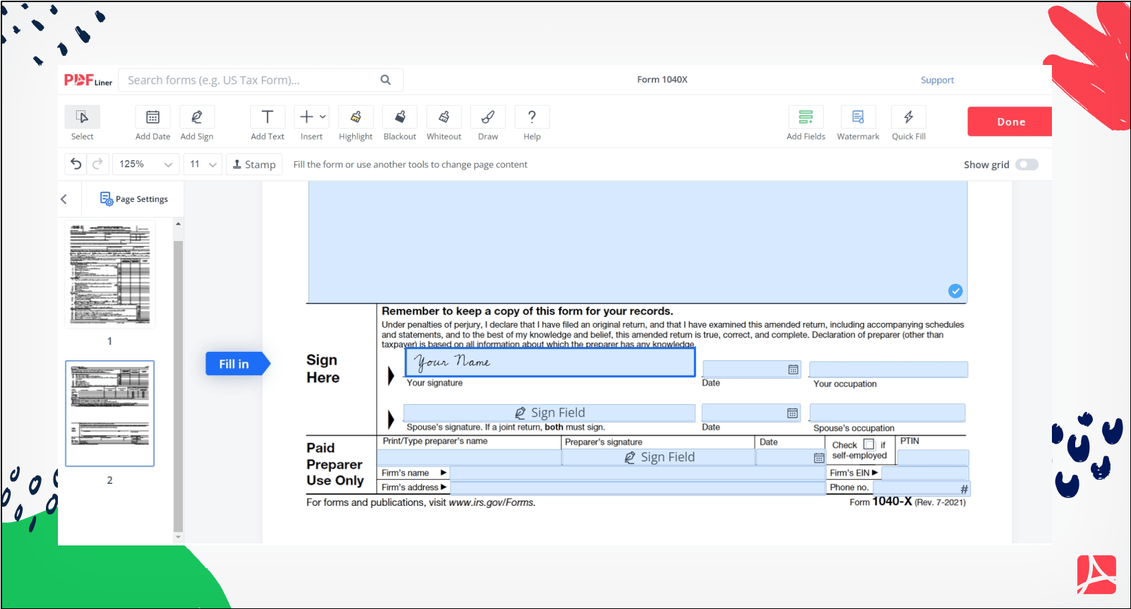 Signed form 1040-X screenshot