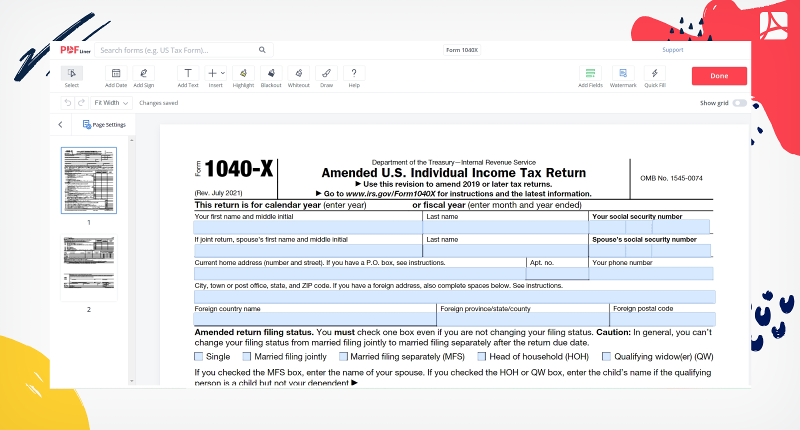 Getting form 1040-X on PDFLiner