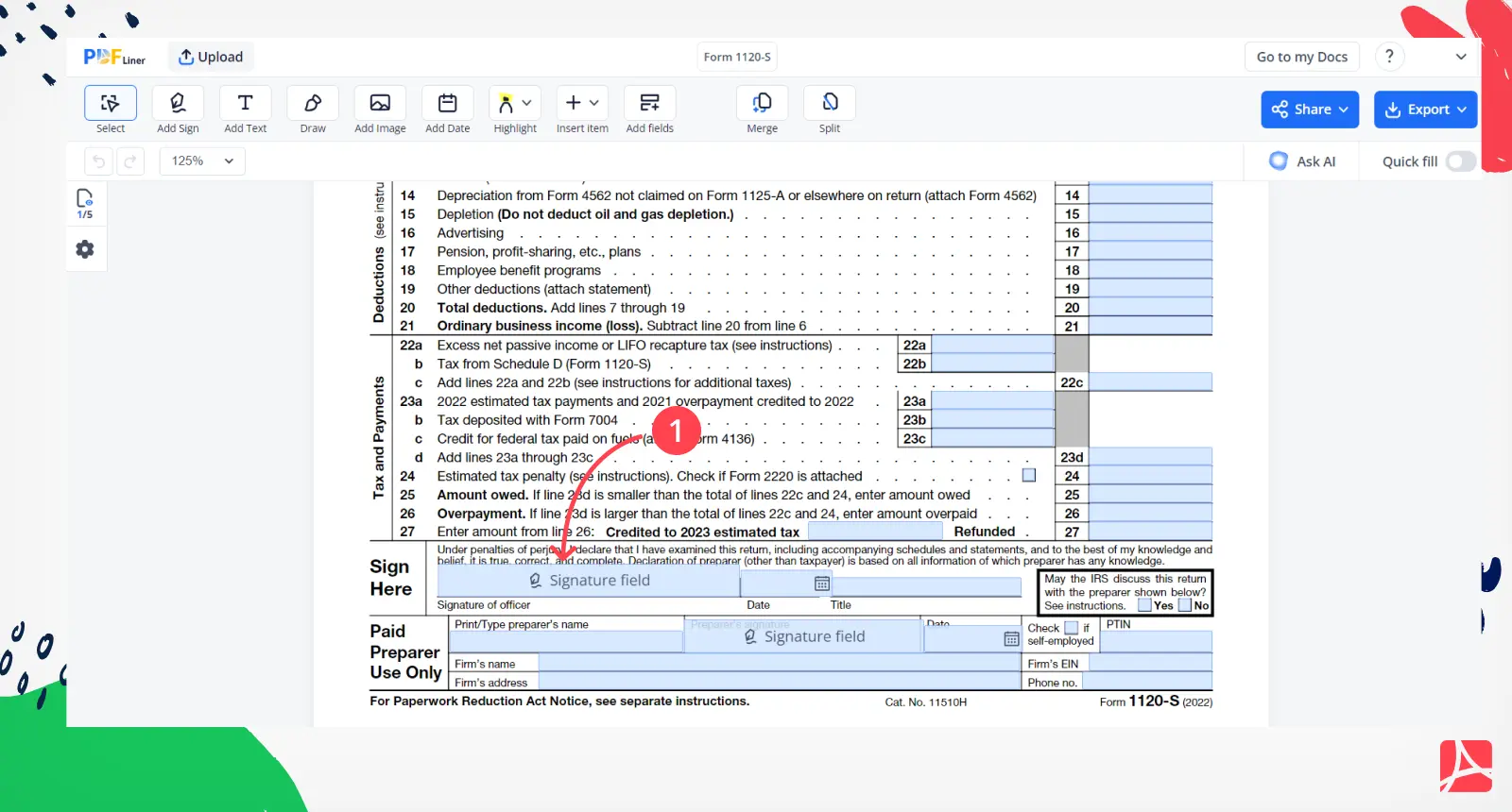 Sign Field on page 1 of Form 1120-S