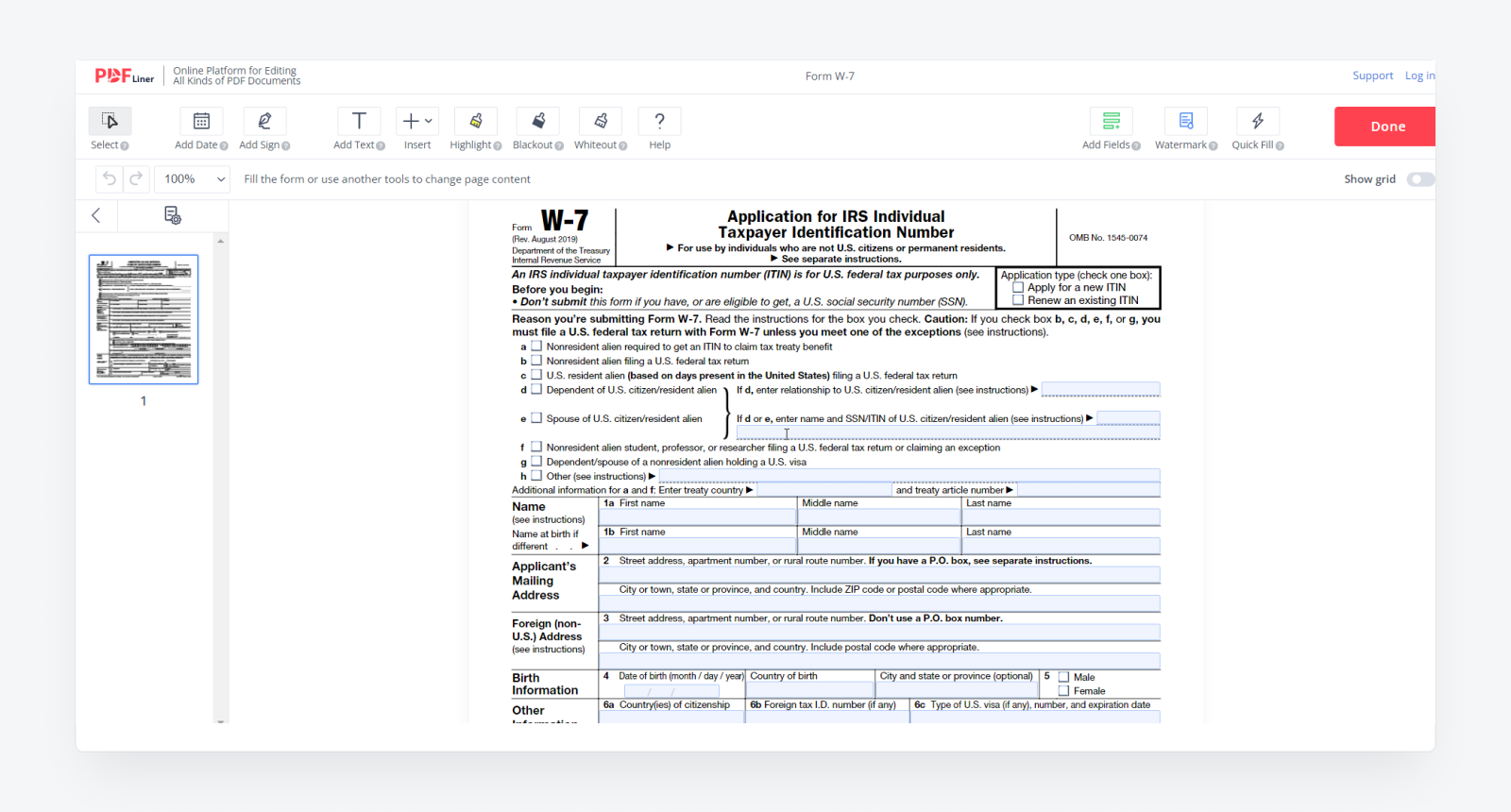 W-7 Form on PDFLiner 