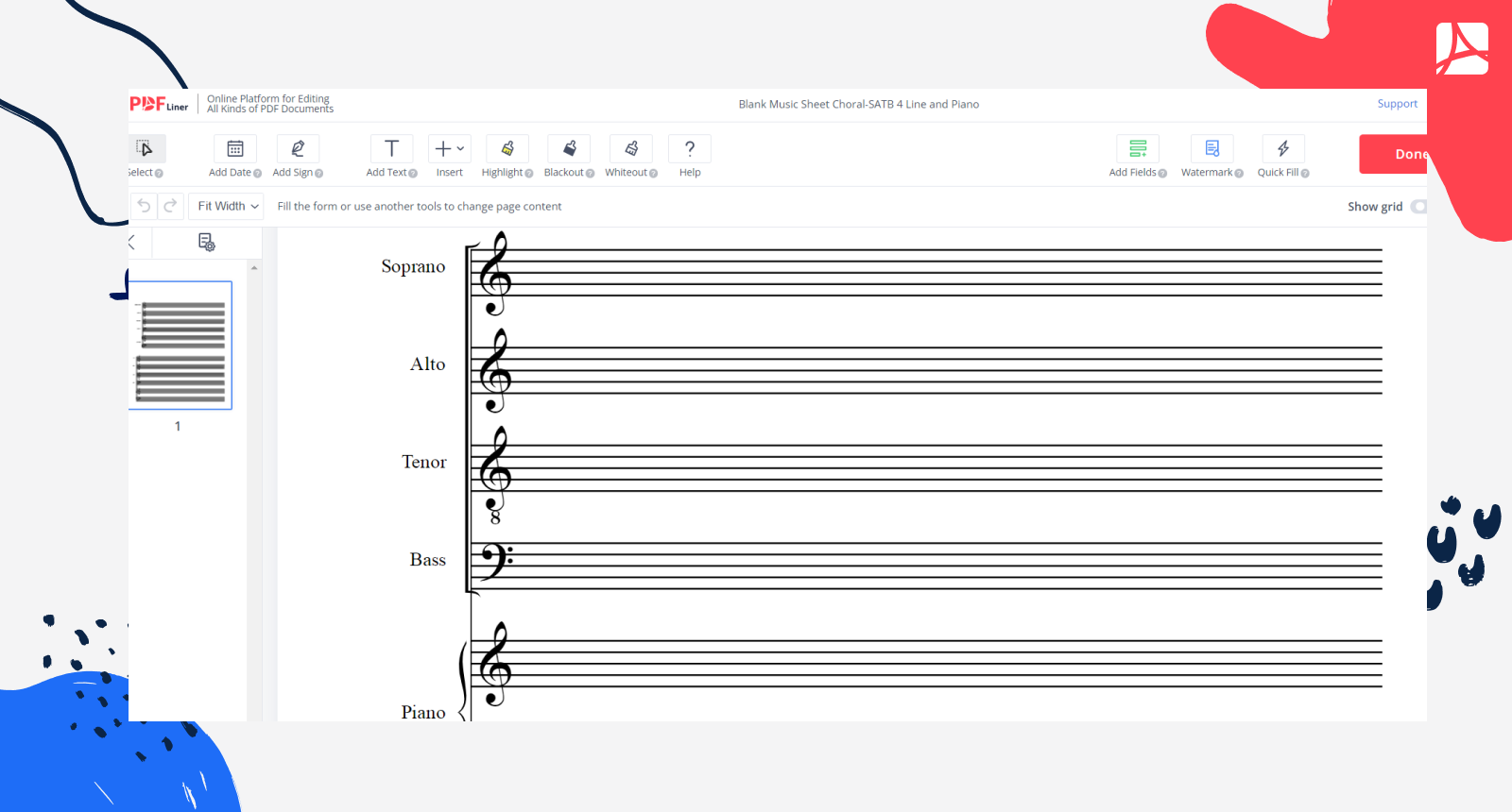 Choral-SATB 4 Line and Piano Blank Sheet Music