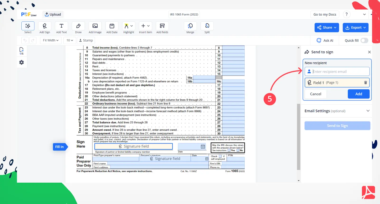 Form 1065 sed to sign settings