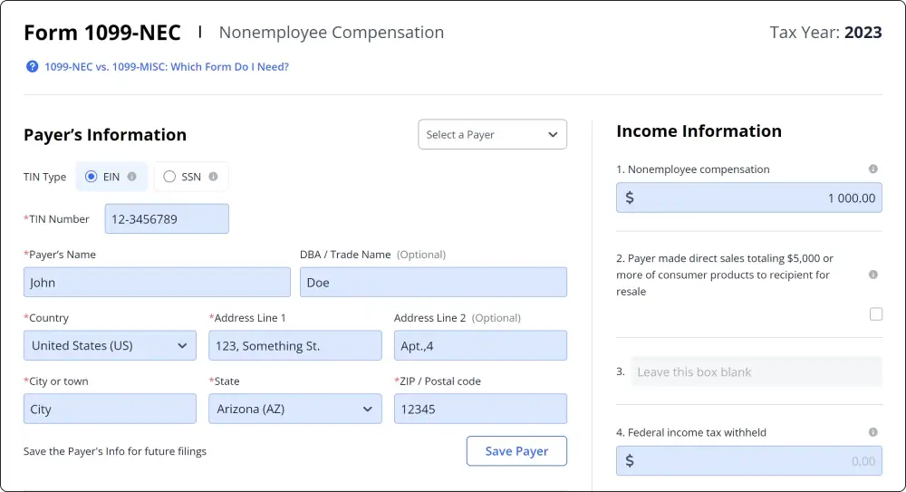 1099-nec filing example screenshot